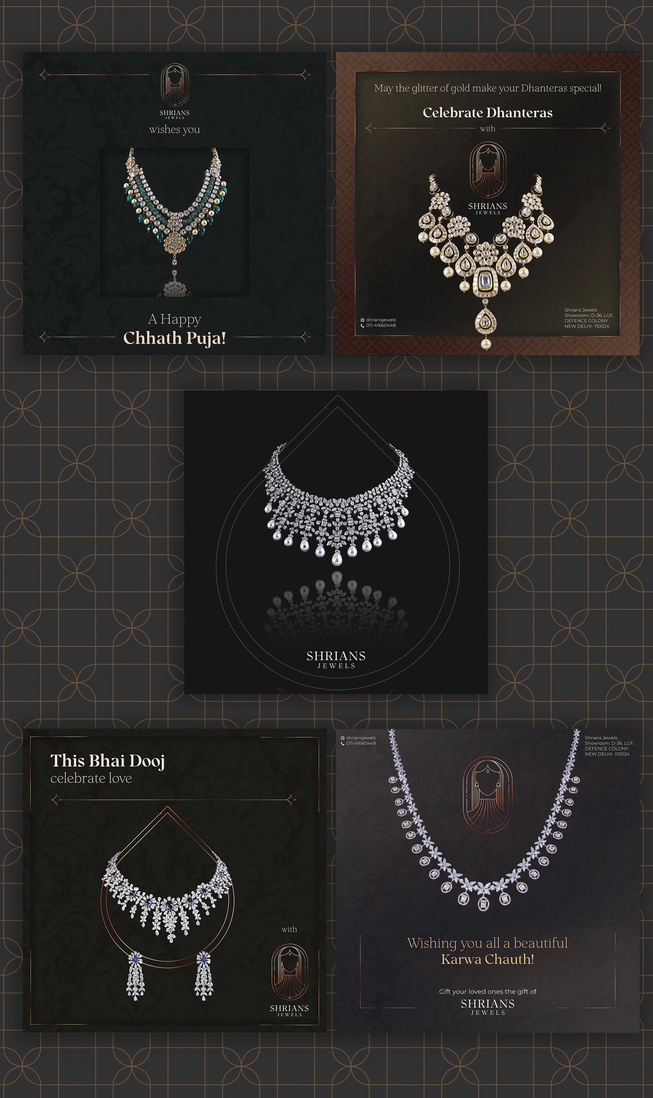 Shrians Jewels festive social media posts featuring diamond and polki necklaces for Chhath Puja, Dhanteras, Bhai Dooj and Karwa Chauth