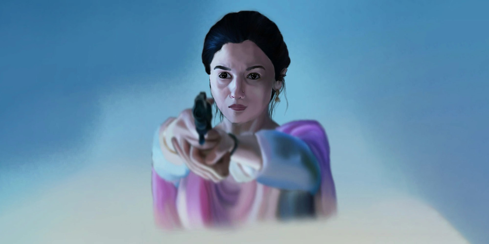 Digital painting study by Riya Kumari of Alia Bhatt aiming a pistol in a still from Raazi