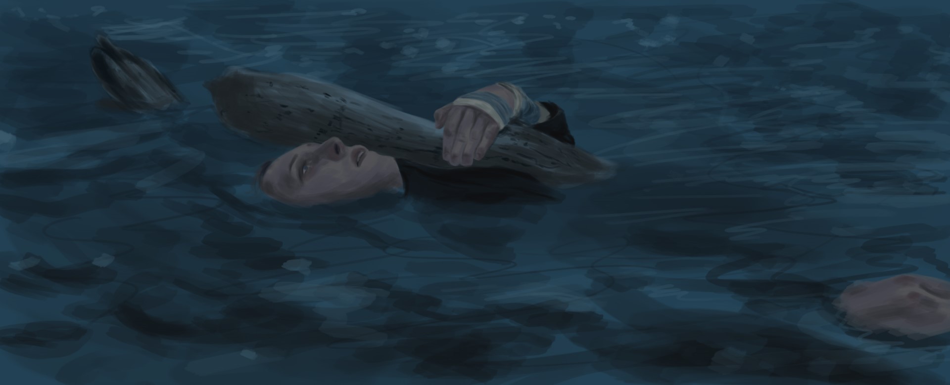 Digital painting study of a soldier floating in a dark river among blossoms, from 1917