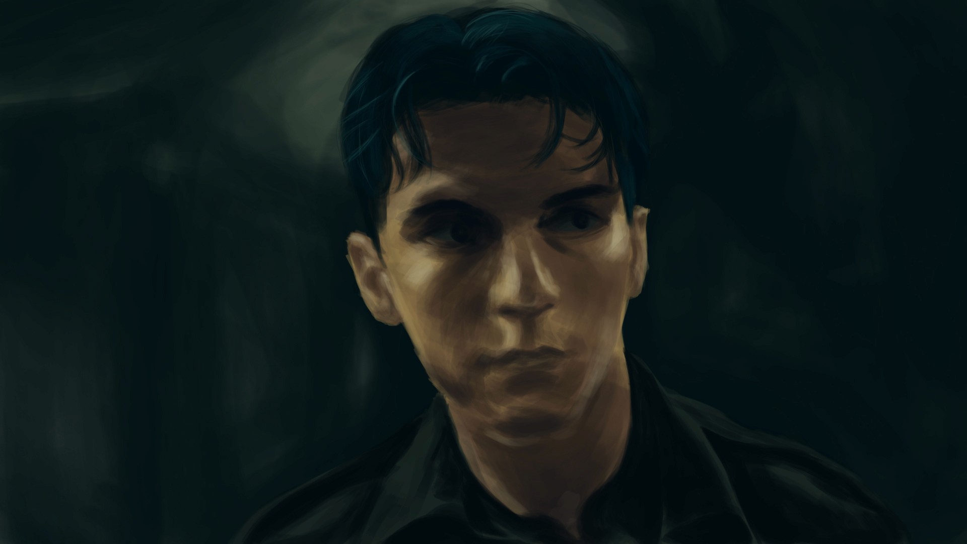 Digital painting study of a young soldier's face in shadow, from Dunkirk