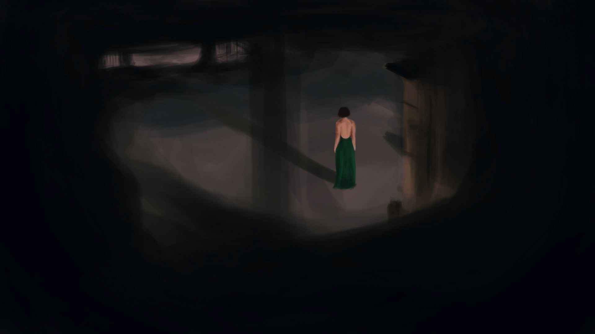 Digital painting study of a woman in a green dress in a dim library, from Atonement