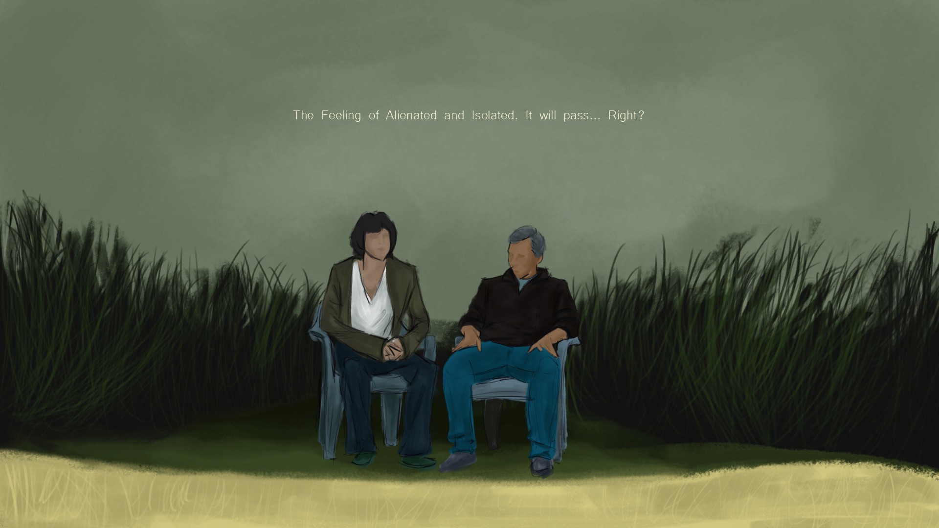 Digital painting study of a father and son sitting on a bench in tall grass, from Beautiful Boy