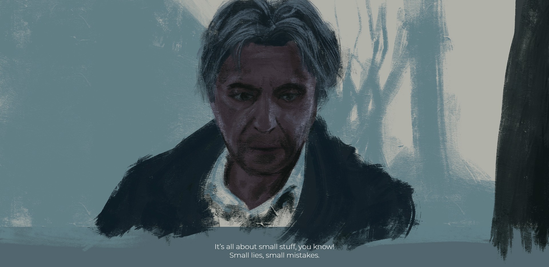Digital painting study of Al Pacino's weary face in fog, from Insomnia