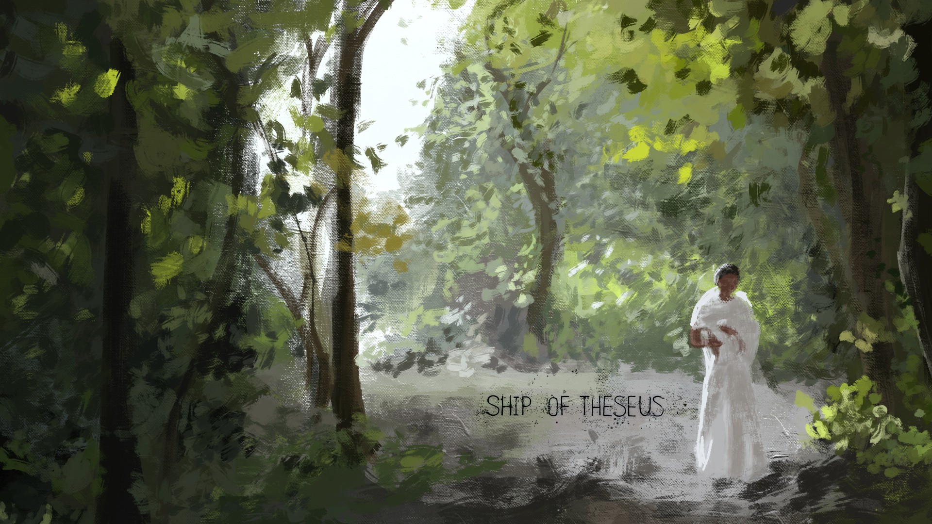 Digital painting study of a monk in white walking through a sunlit forest, from Ship of Theseus