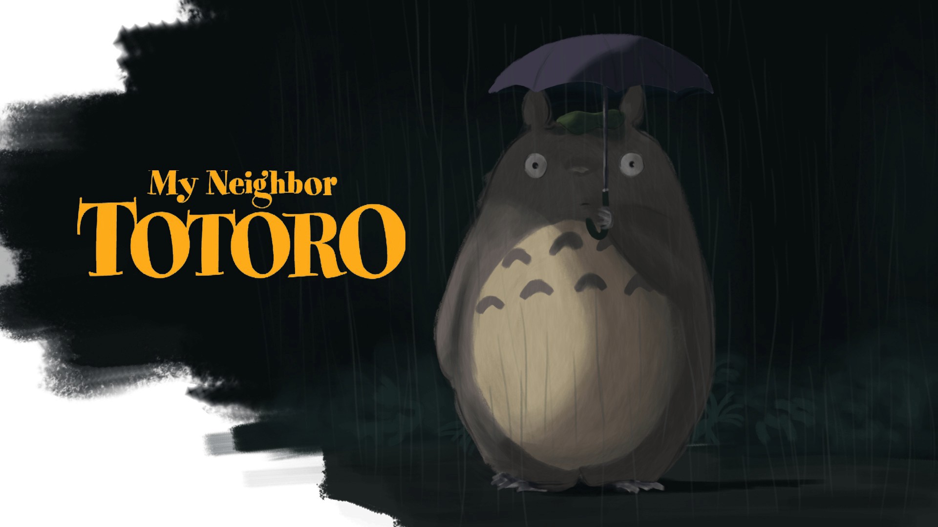 Digital painting of Totoro holding an umbrella in the rain, from My Neighbor Totoro