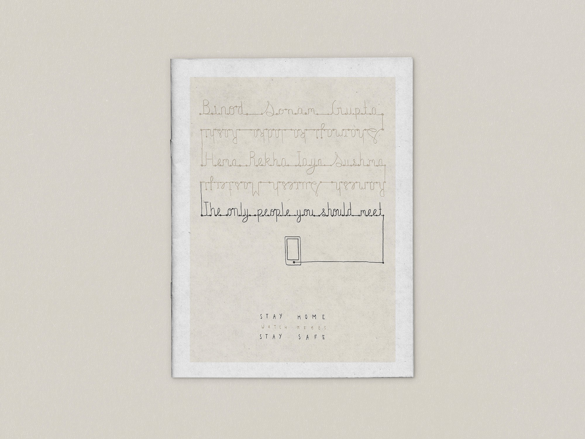 Stay Home, Watch Memes, Stay Safe: a minimal Coronavirus awareness poster with cursive lines leading to a phone, winner of the D'Source Corona Design Challenge