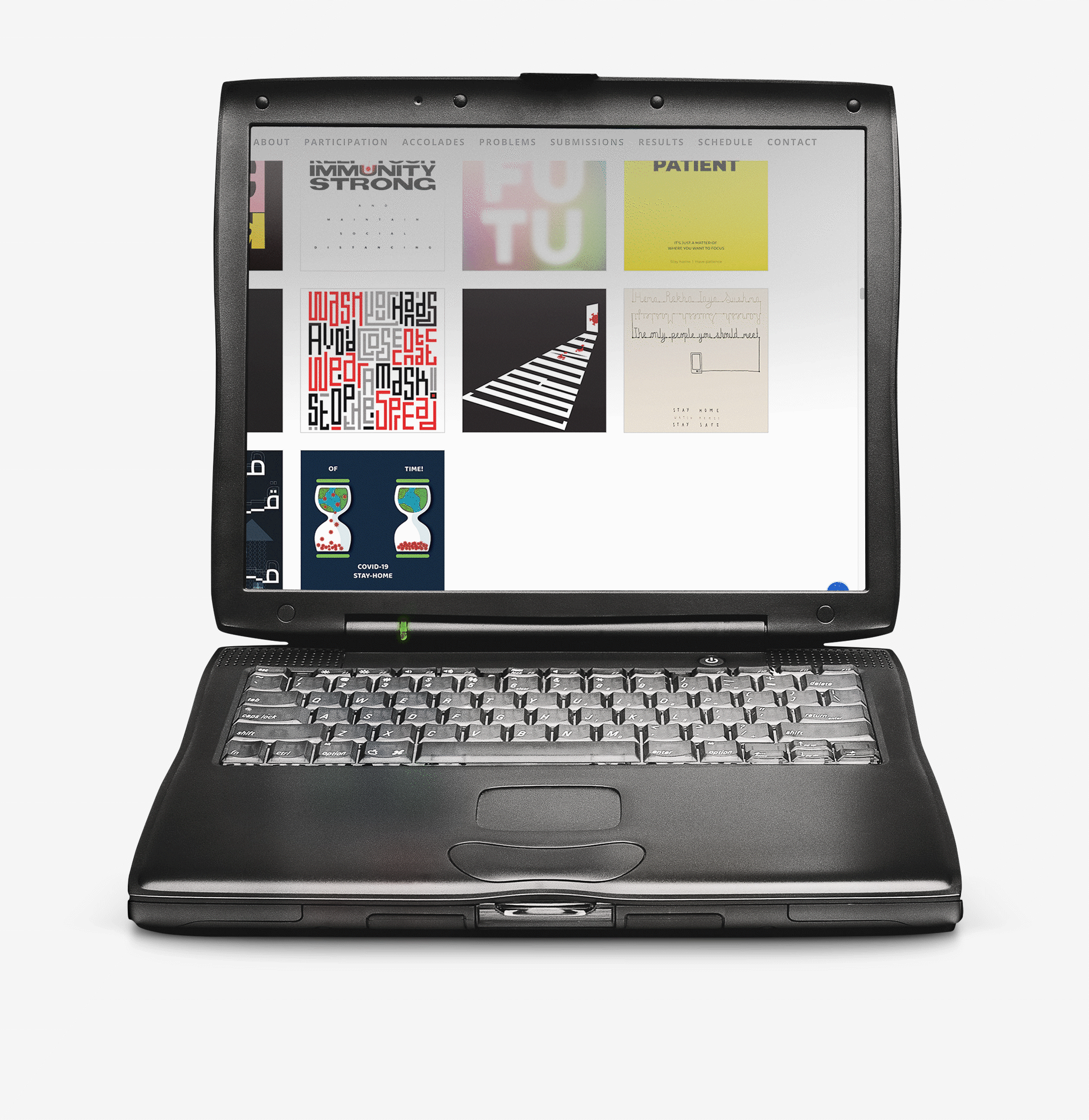 The winning poster shown among other entries on the D'Source Corona Design Challenge website on a laptop