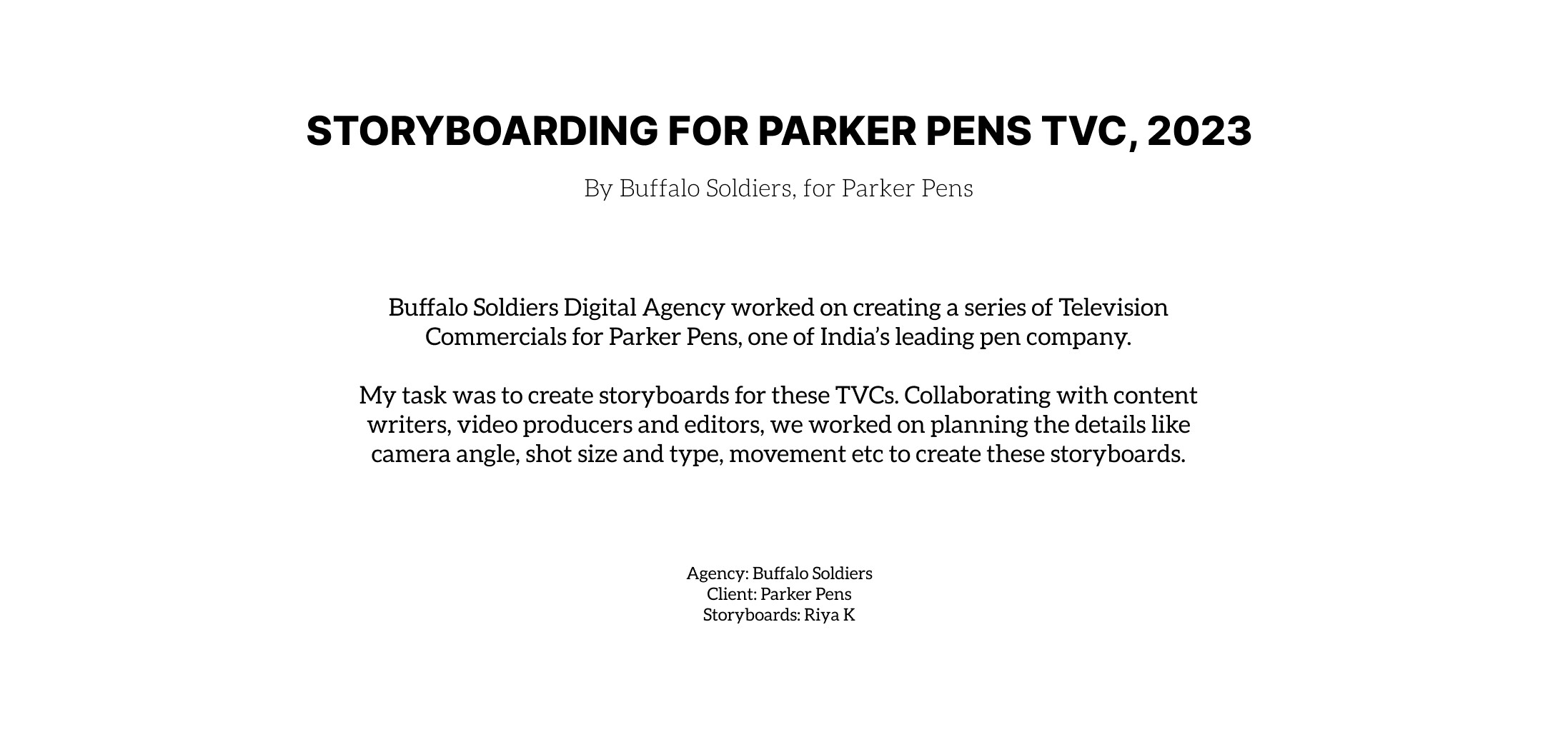 Introduction: storyboarding for Parker Pens TV commercials, 2023, by Buffalo Soldiers
