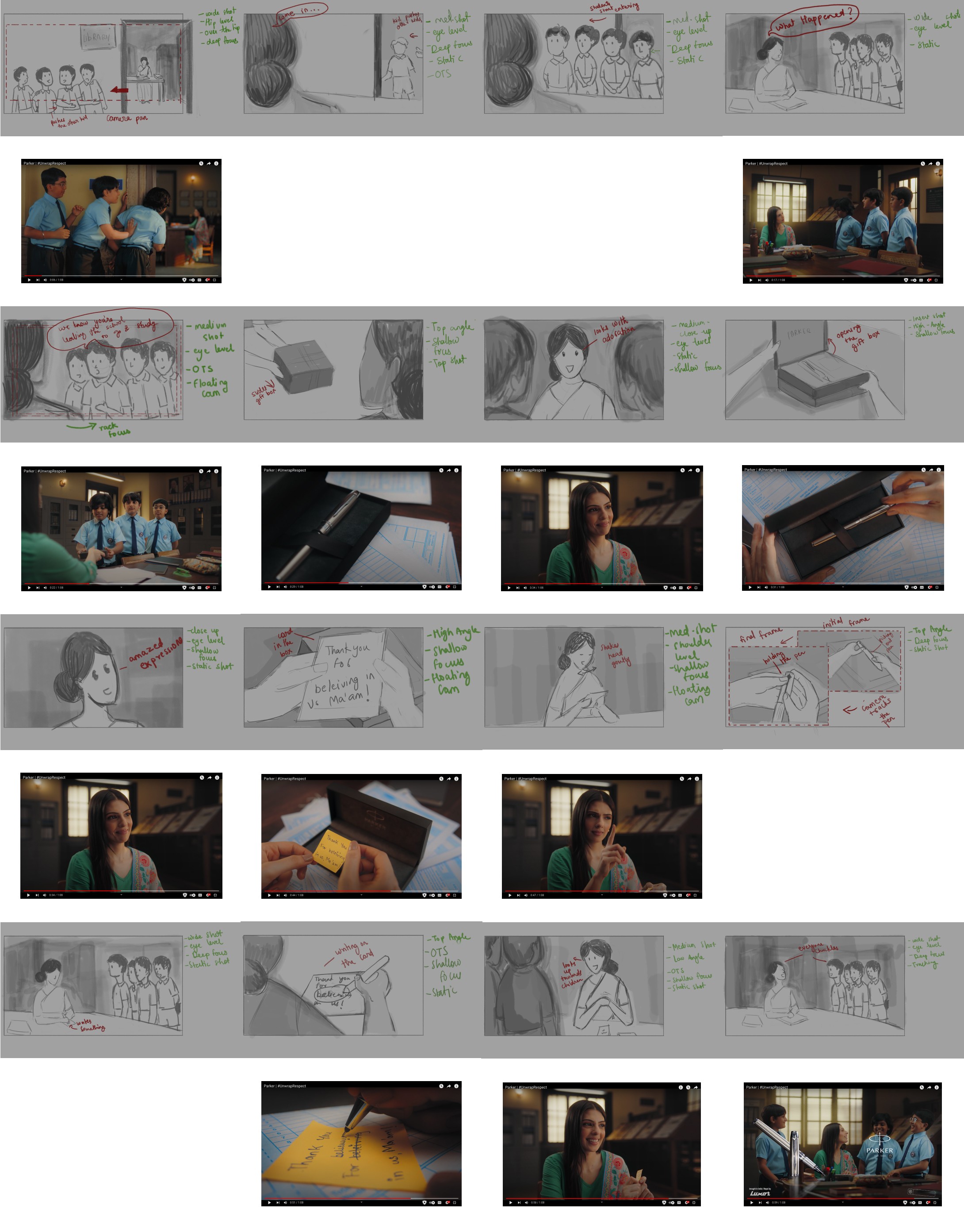 Pencil storyboard frames for Parker's Unwrap Respect commercial set against the final film stills