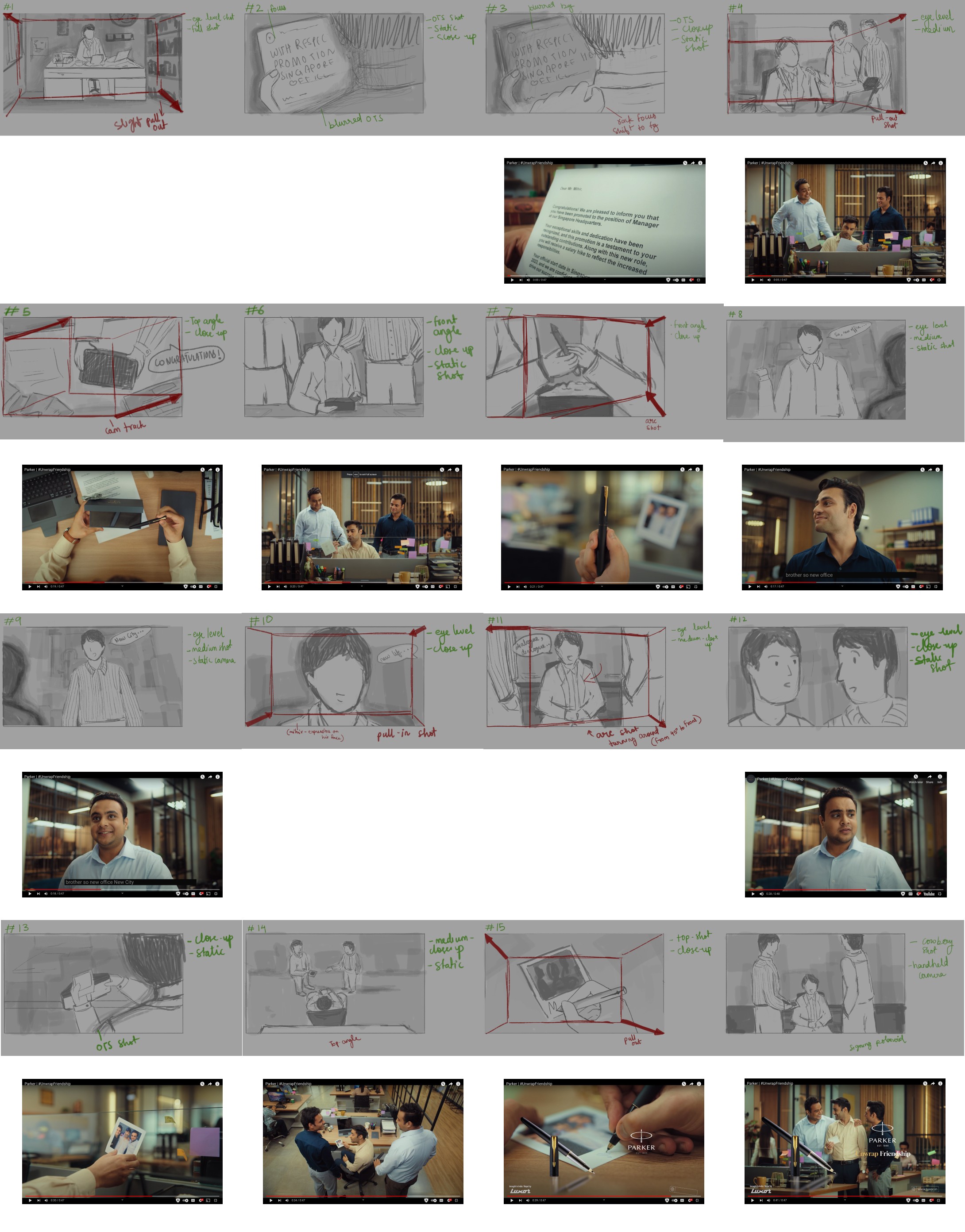 Pencil storyboard frames for Parker's Unwrap Friendship commercial set against the final film stills