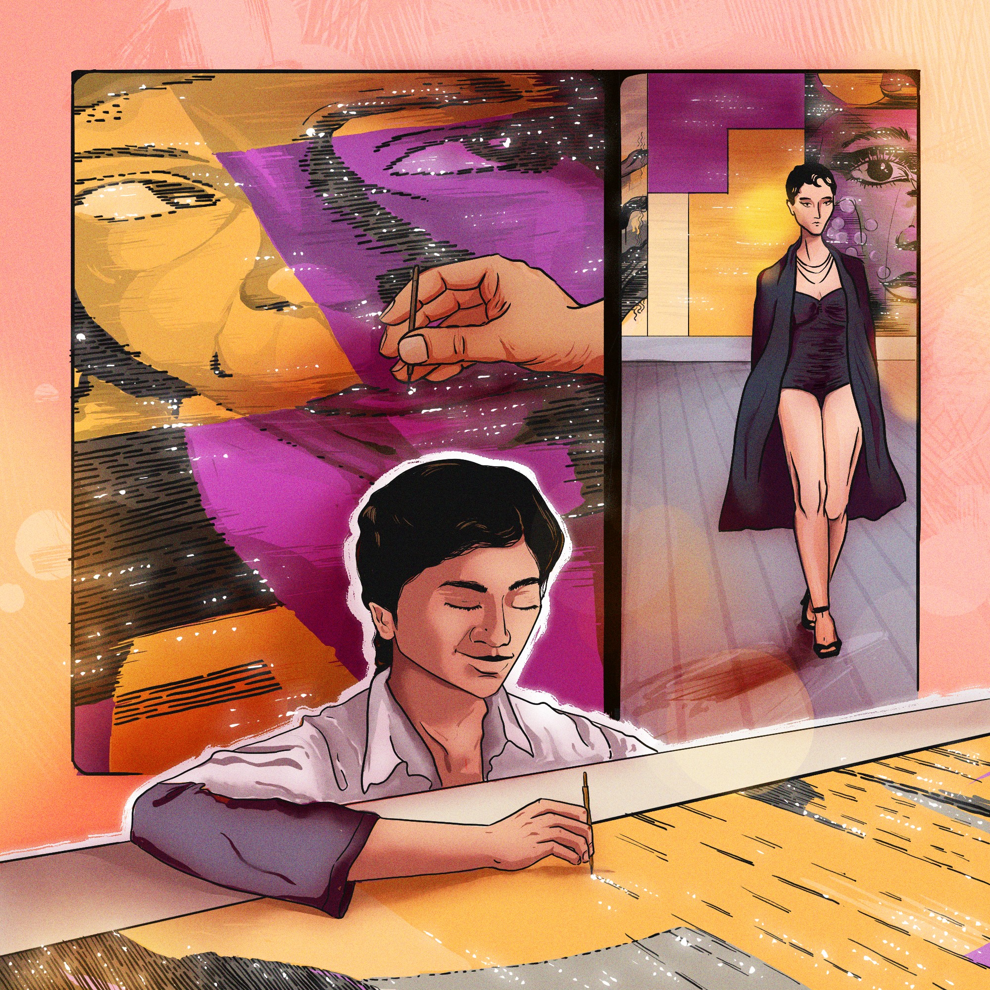 Illustration by Riya Kumari of an Indian embroidery artisan at work while a model walks the runway, from The Dior Connection