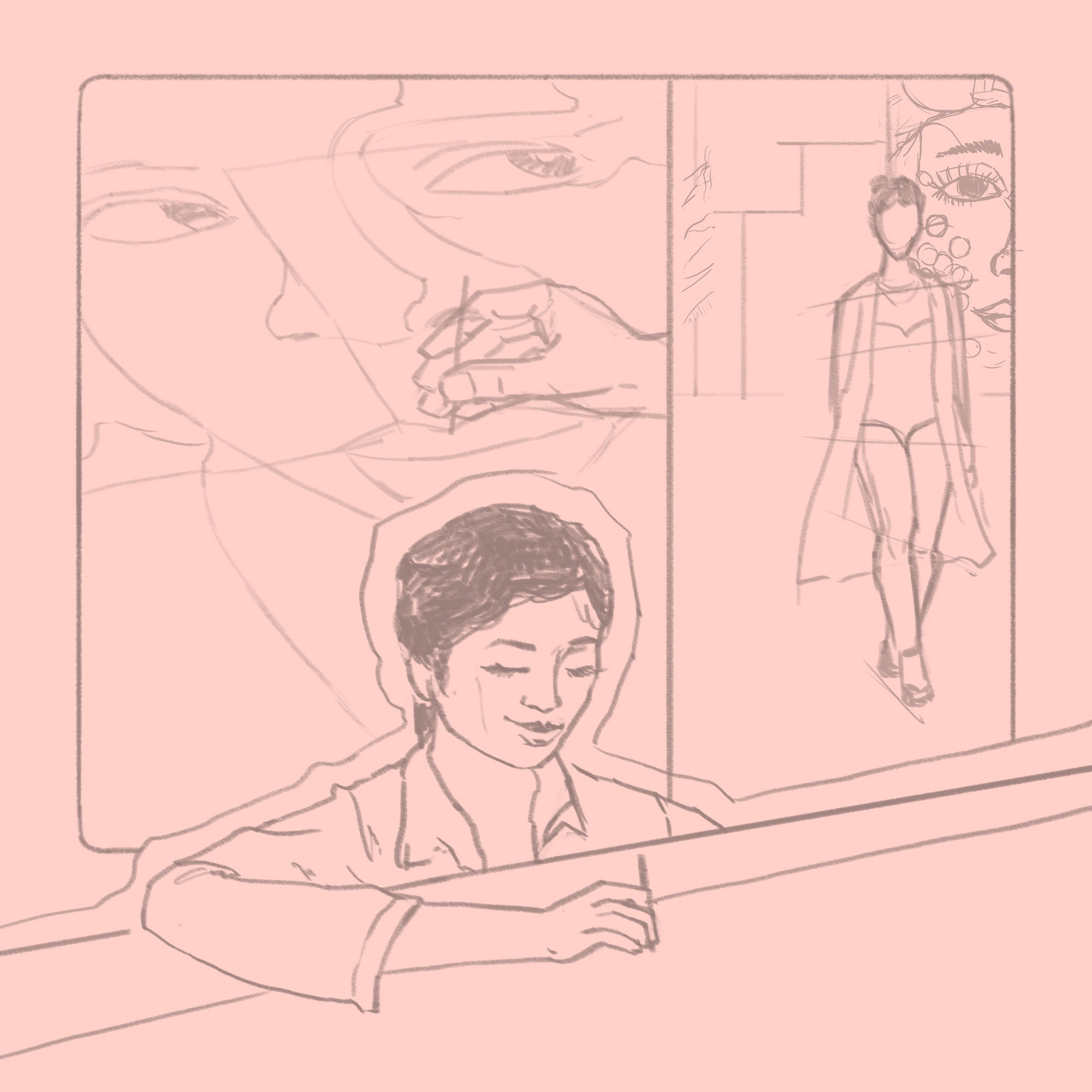 Pencil sketch stage of The Dior Connection illustration