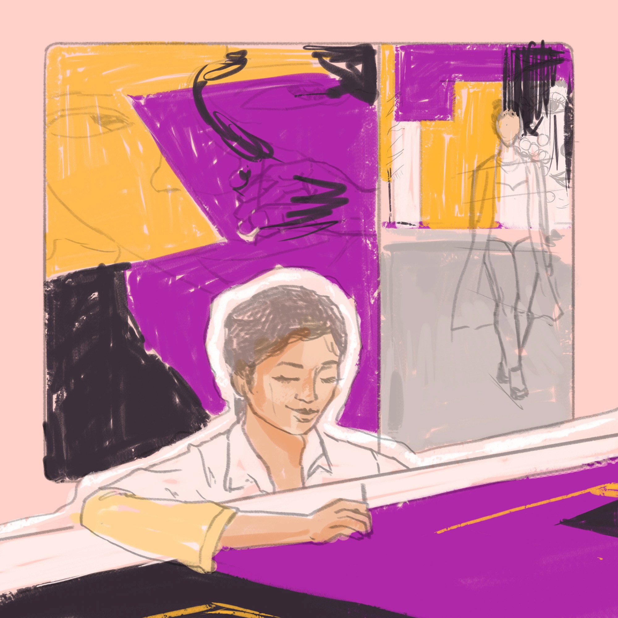 Rough colour blocking stage of The Dior Connection illustration in purple, yellow and black