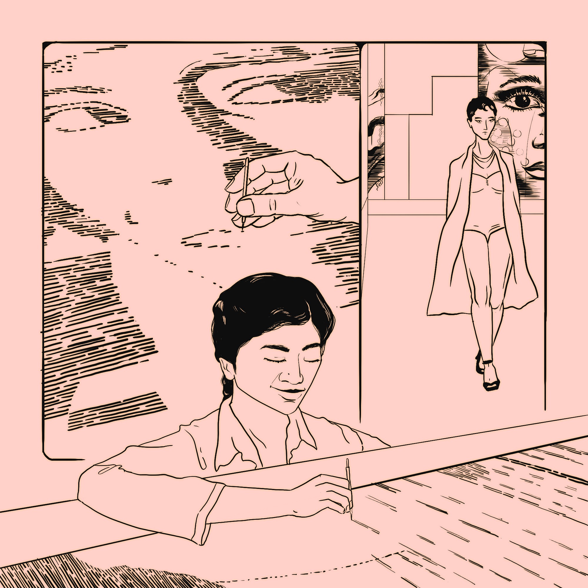 Ink line art stage of The Dior Connection illustration