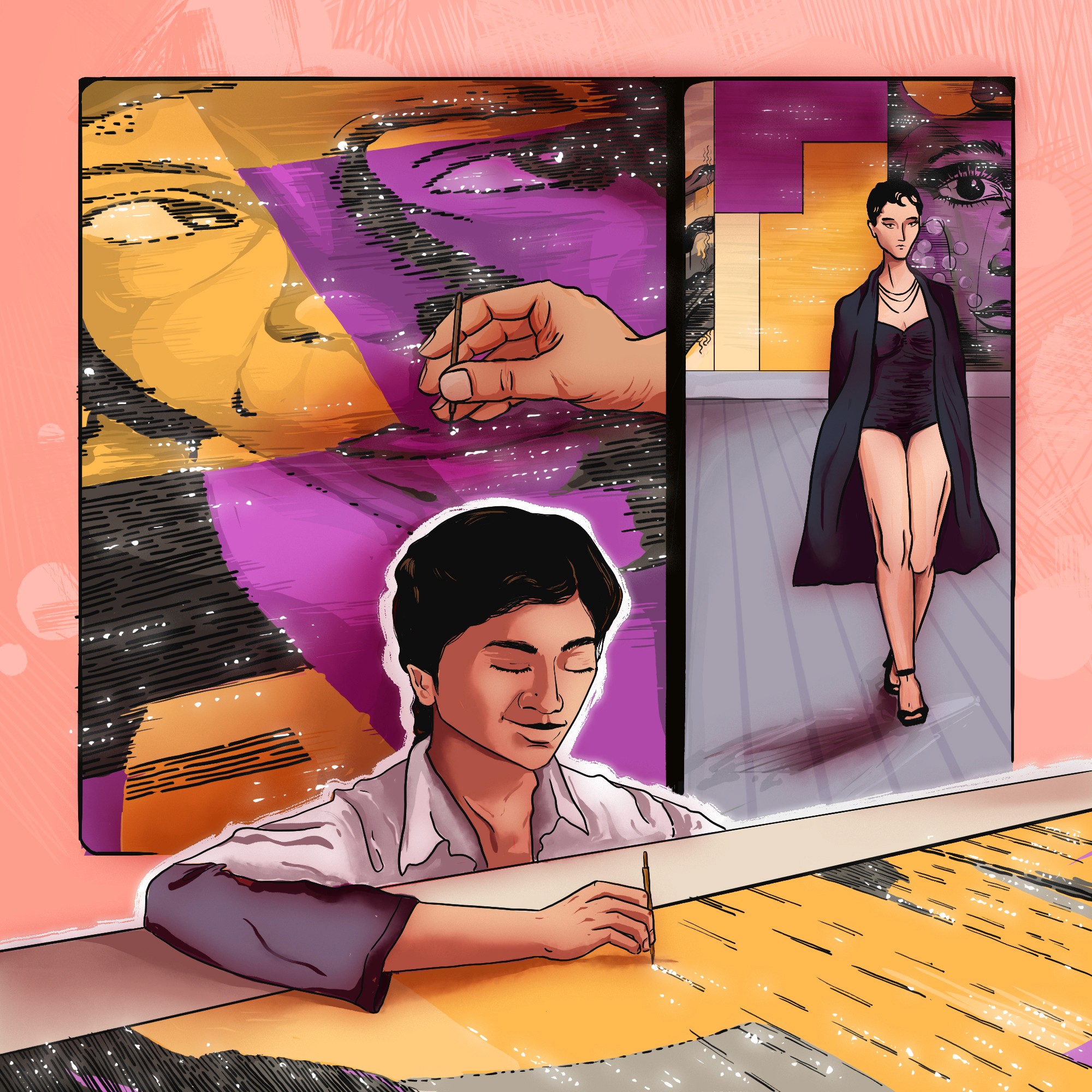 Finished illustration of a Mumbai embroidery artisan and a Dior model, from The Dior Connection