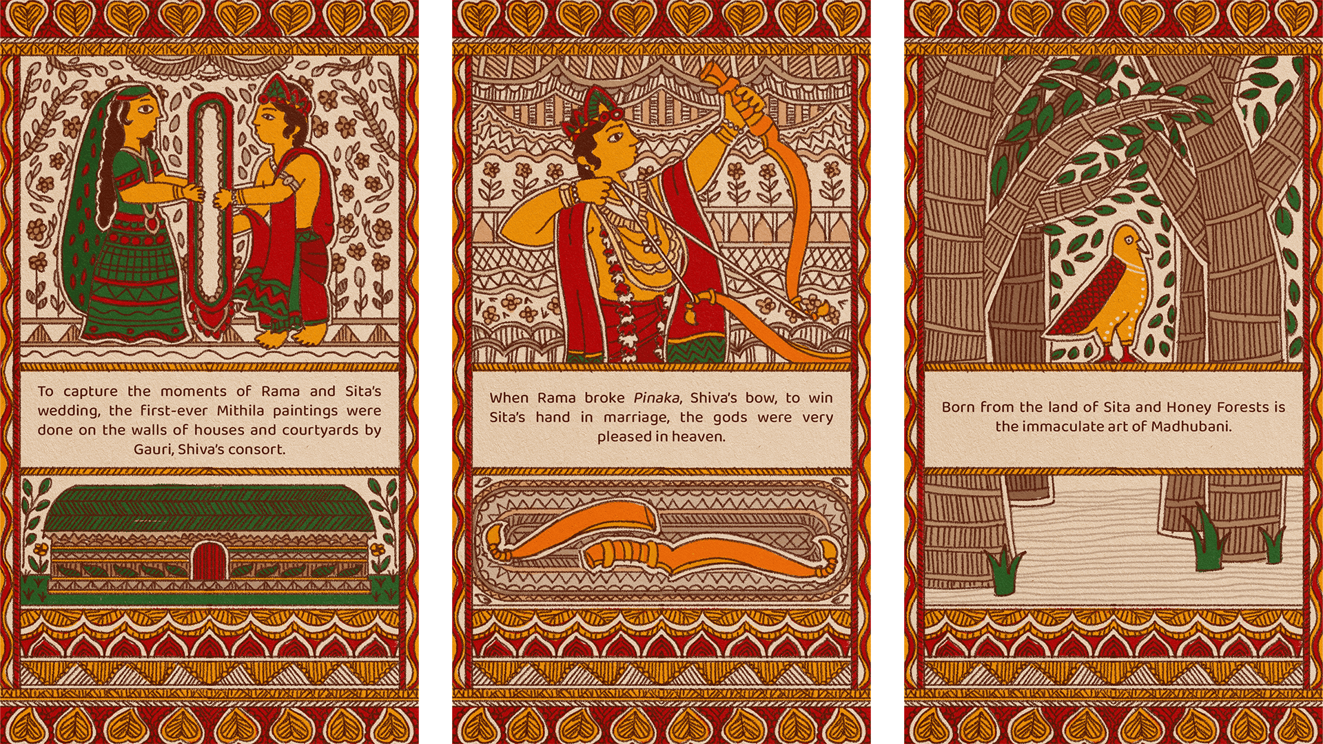 Three illustrated frames from The Mythological Origins of Madhubani animation: Rama and Sita's wedding, Rama breaking Shiva's bow, and a parrot in a forest