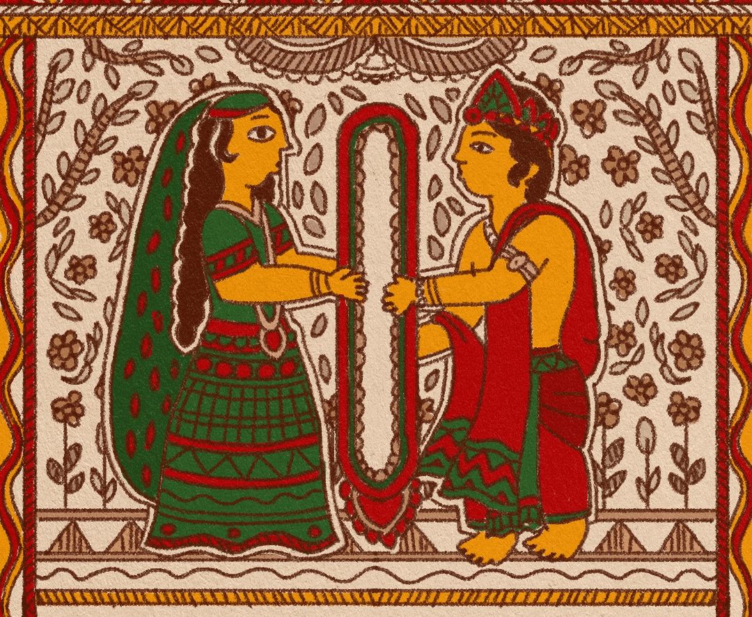 Madhubani-style illustration of Rama and Sita's wedding, Sita in a green sari holding a garland, framed with flowers and leaves