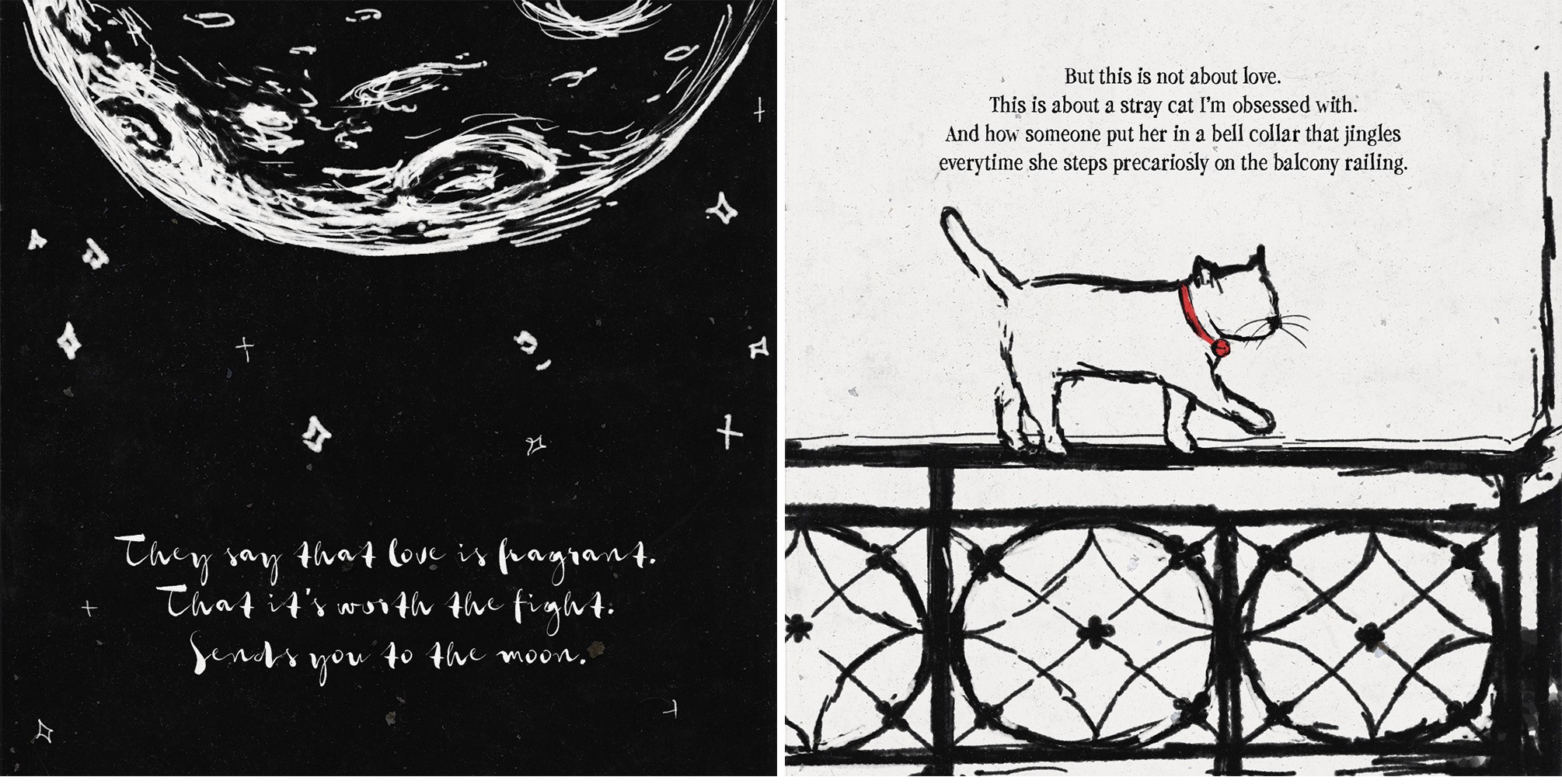 Comic spread: they say love is fragrant and sends you to the moon, beside a white cat with a red bell walking a balcony railing