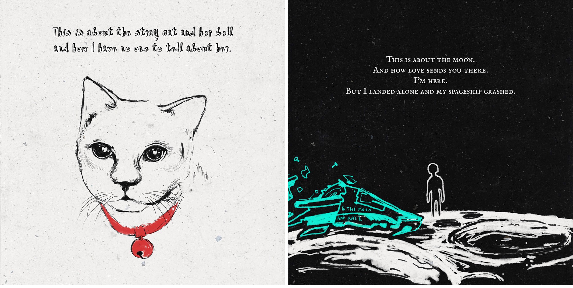 Comic spread of the stray cat with her bell beside a lone figure on the moon by a crashed spaceship