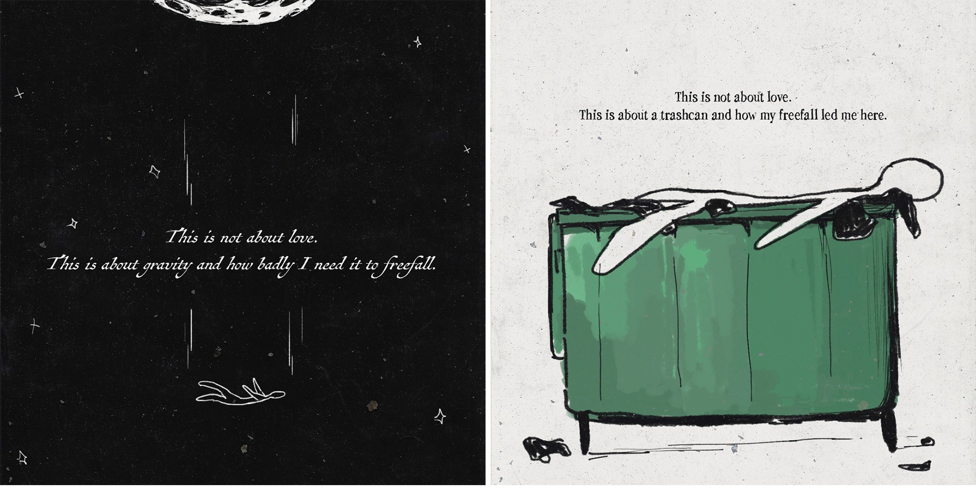 Comic spread about gravity and freefall, ending in an overflowing green dumpster