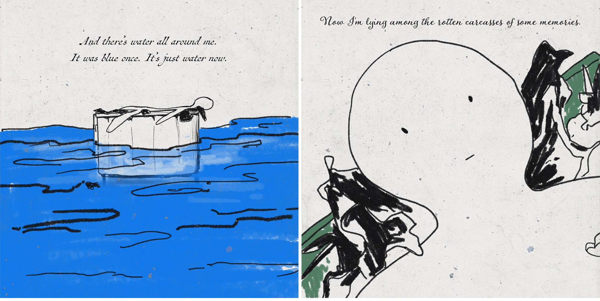 Comic spread of a box floating in blue water and a figure lying among the rotten carcasses of memories