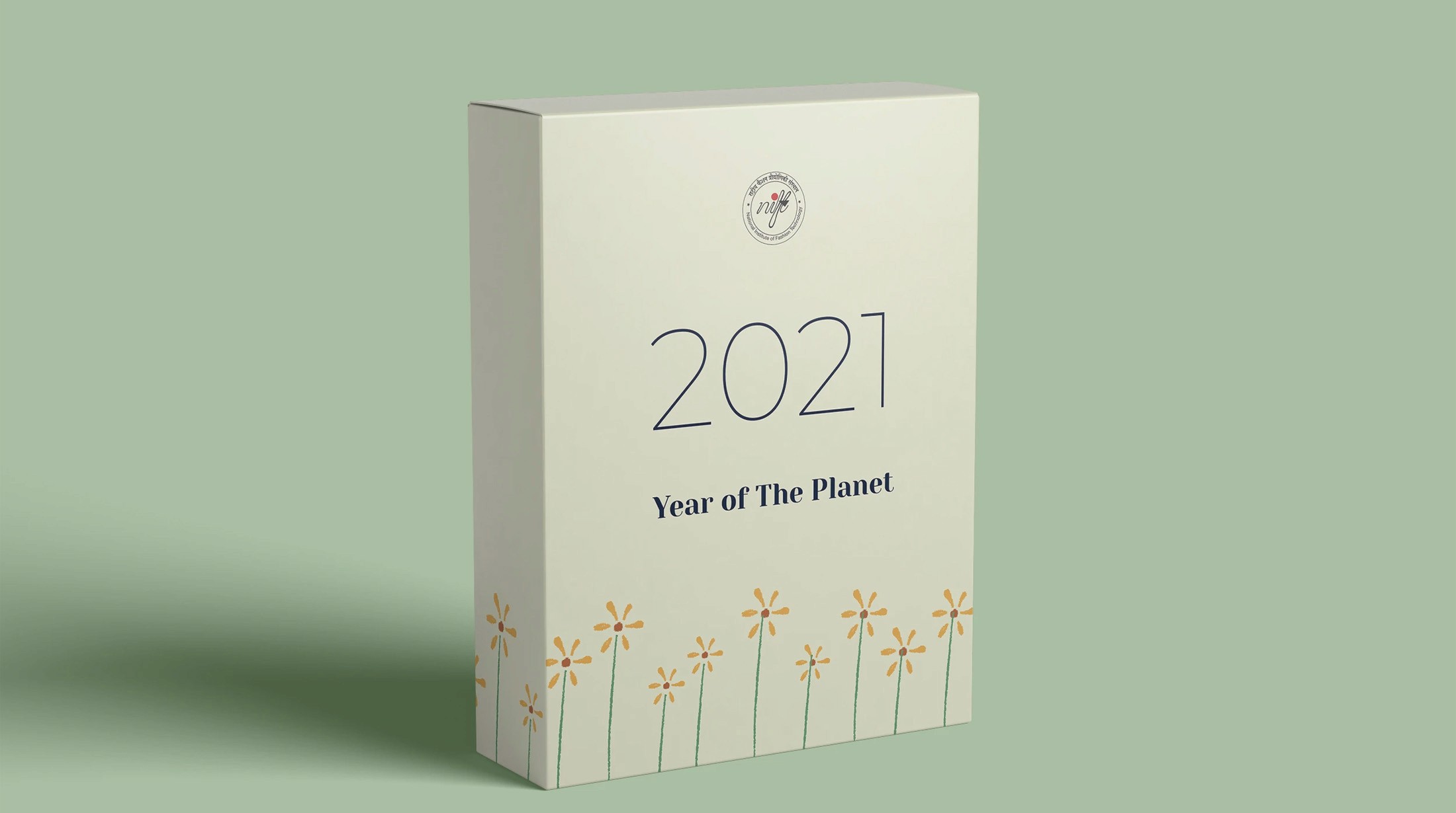 Packaging box for the 2021 Year of the Planet stationery set, with a crest and wildflowers on sage green
