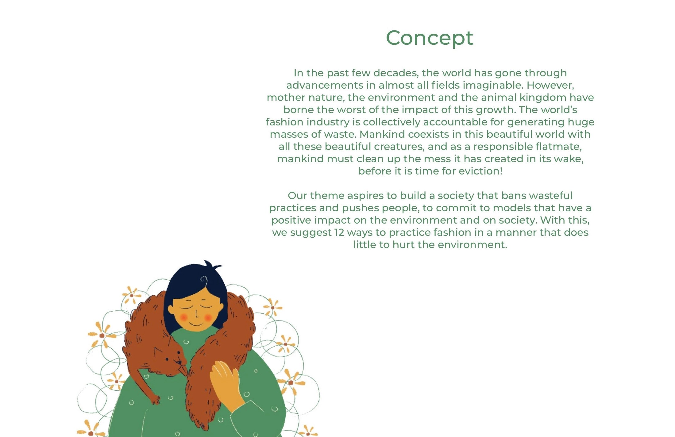 Concept page for The Year Project: an illustrated woman hugging a fox, about sustainable fashion