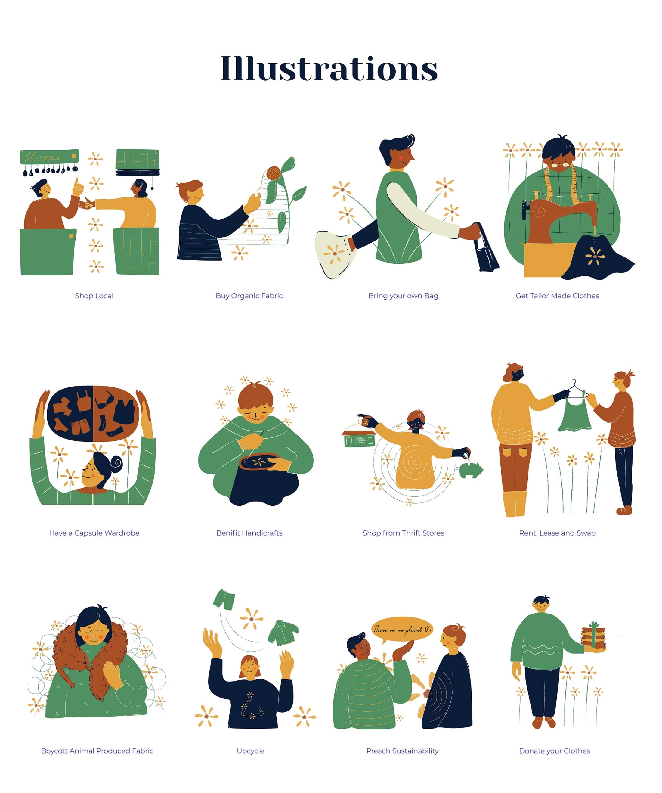 Twelve illustrations of sustainable fashion habits: thrifting, mending, repurposing and shopping local