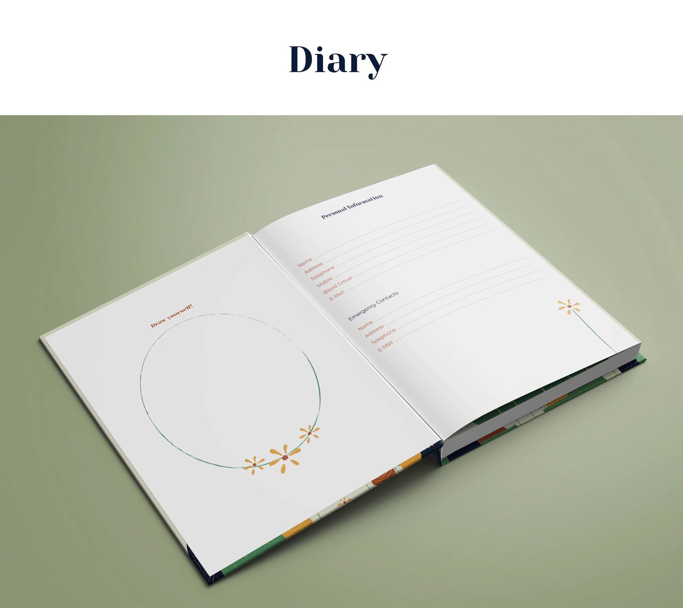 Year of the Planet diary mockup, open to a page with a hand-drawn wreath