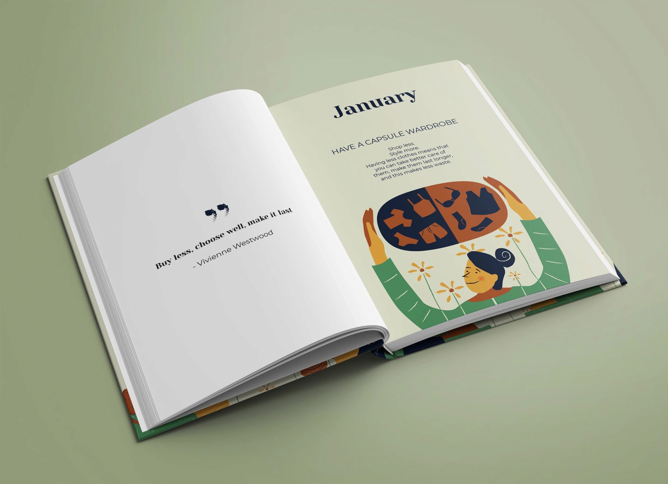 Diary spread for January with a sustainable fashion quote and an illustration of a woman holding a heart full of clothes