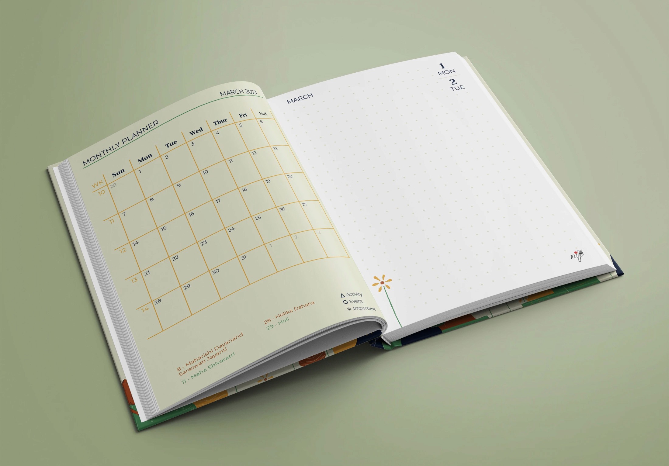 Diary monthly calendar spread with flower doodles