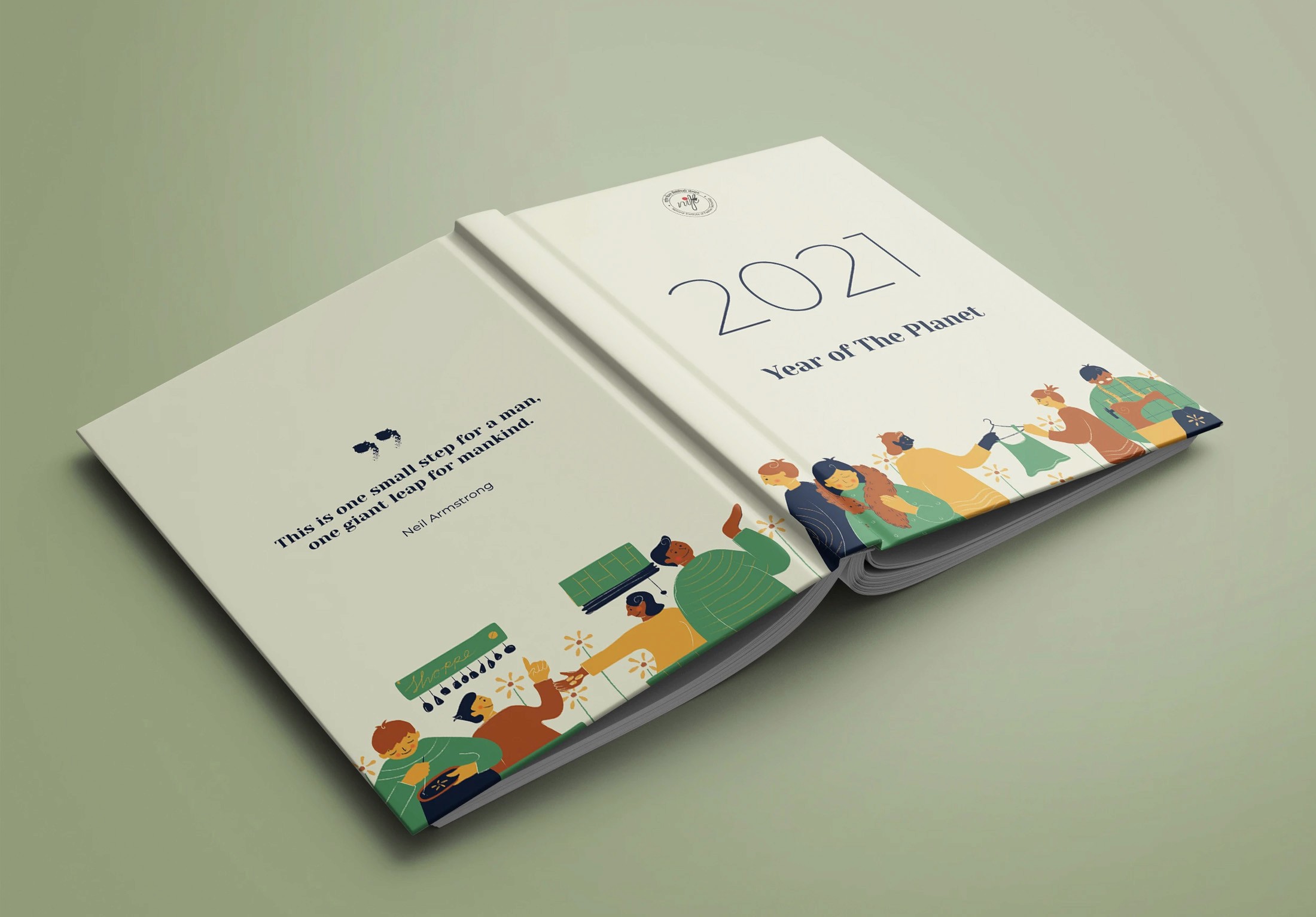 Year of the Planet diary cover and back cover illustrated with people practising sustainable fashion