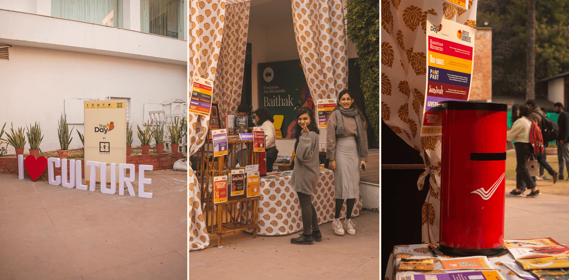 Photos of the ThisDay booth at the Jaipur Literature Festival: an I love Culture sign, the stall and a red postbox
