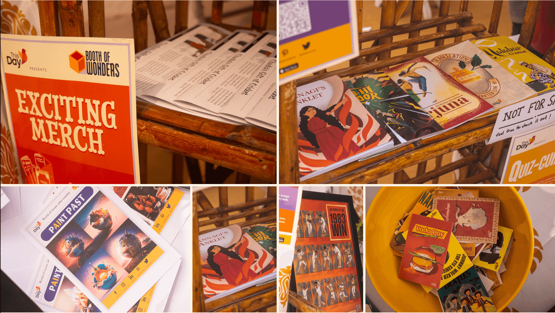 Collage of ThisDay merchandise at the Jaipur Literature Festival: Exciting Merch sign, books, prints and postcards