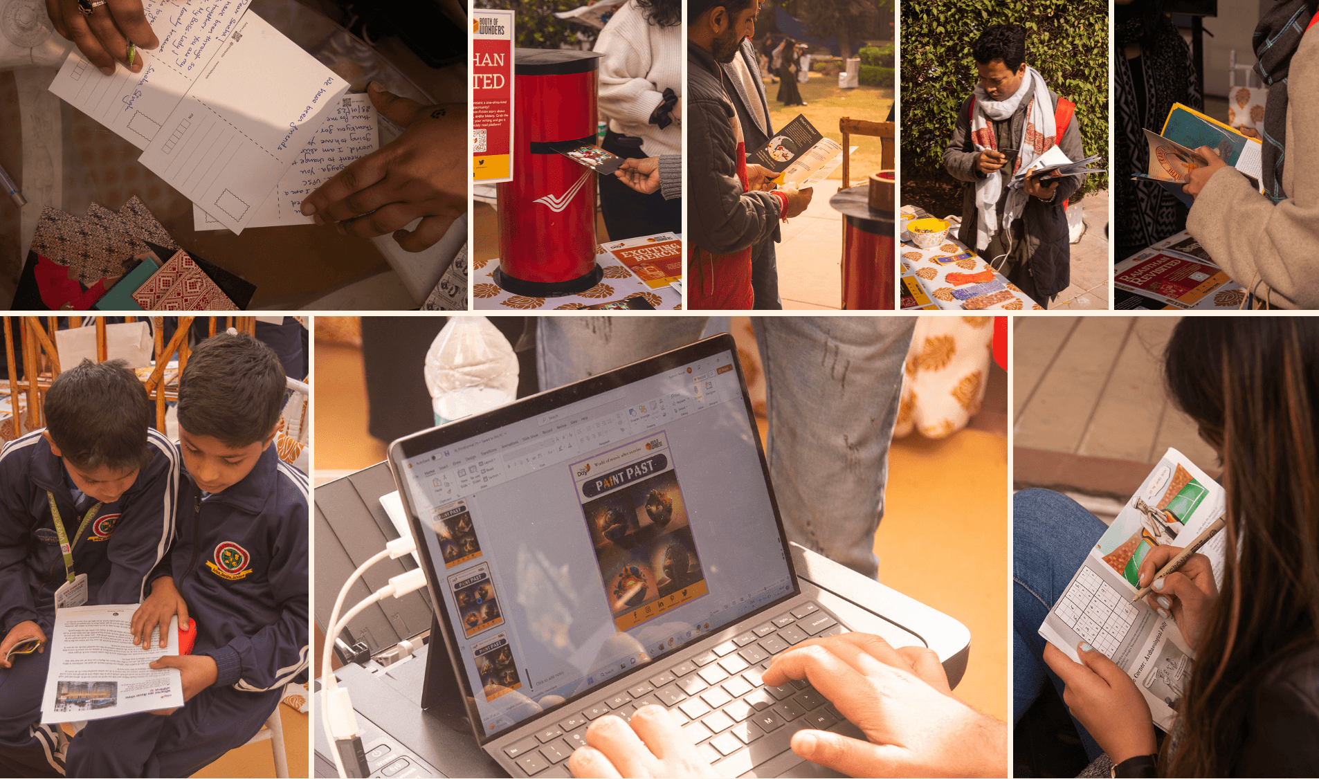 Collage of visitors writing postcards, browsing on a laptop and doing activities at the ThisDay booth at JLF