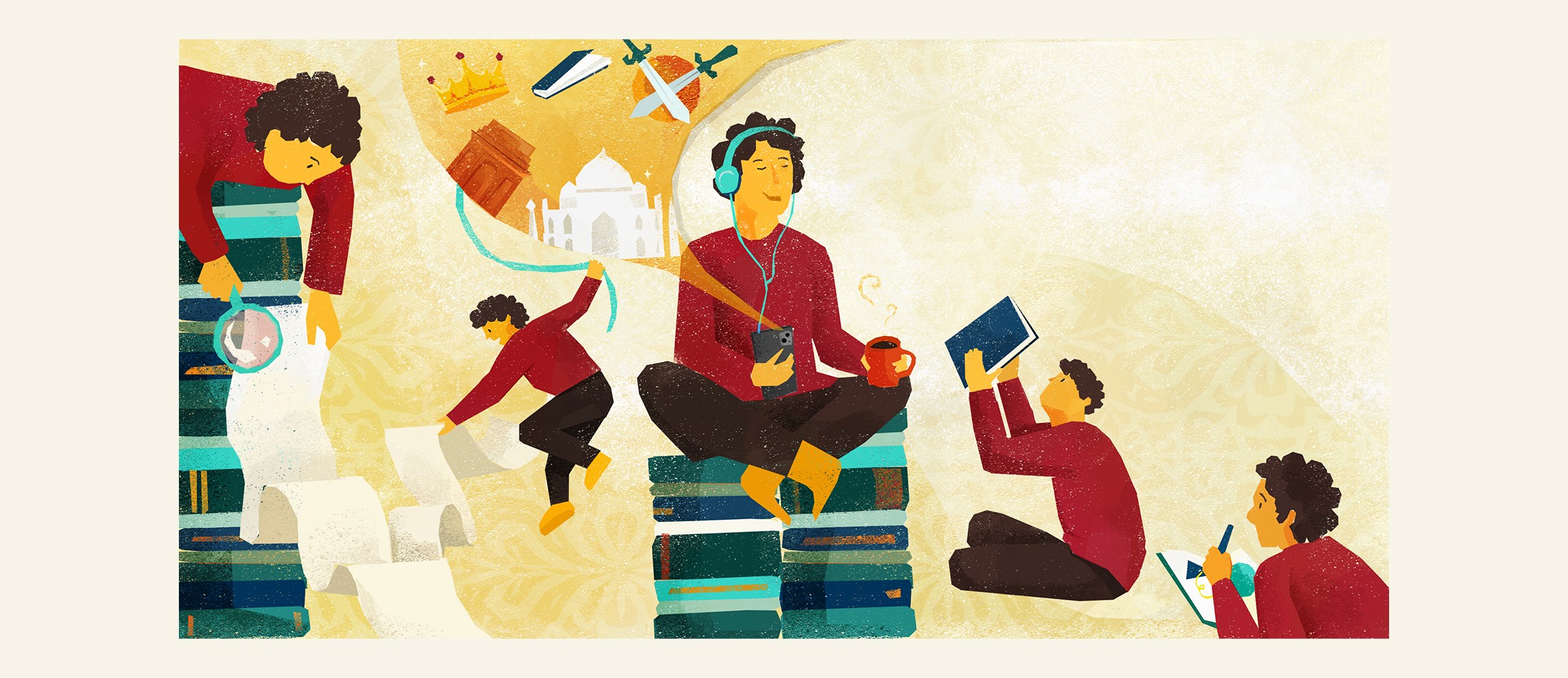 ThisDay illustration of children reading and exploring among stacks of books, kites and monuments