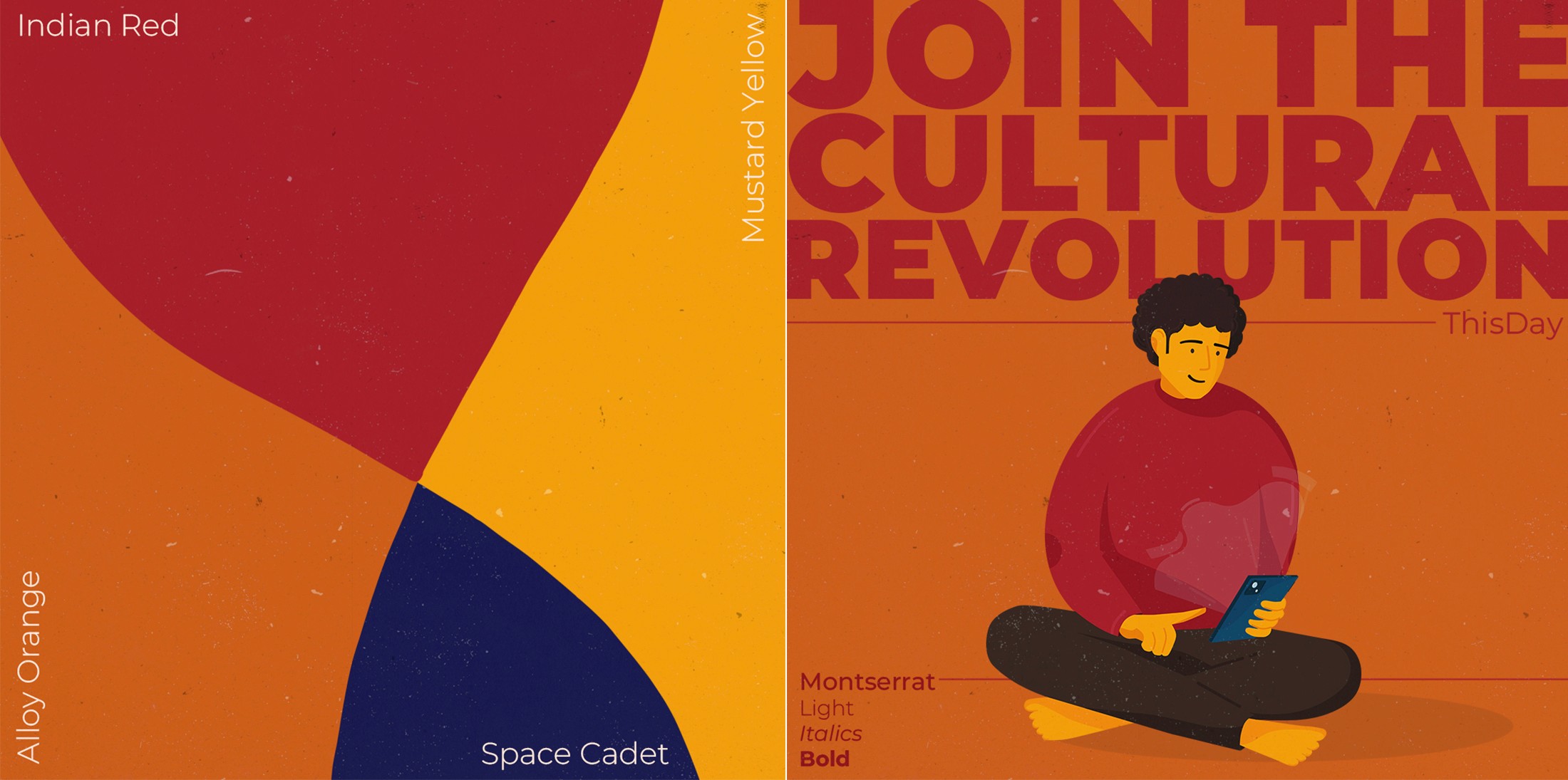ThisDay brand colours Indian Red, Alloy Orange and Space Cadet, with a Join the Cultural Revolution poster