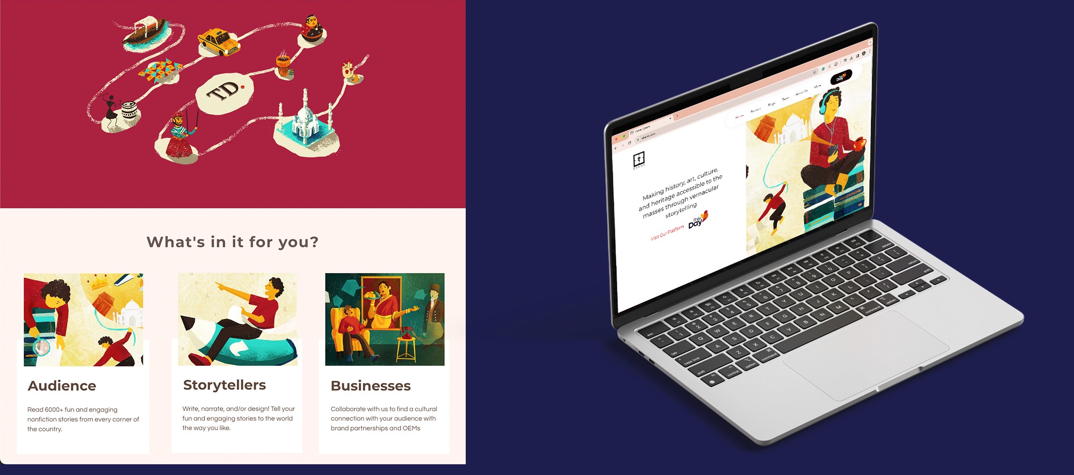 ThisDay website shown on a laptop with illustrated sections for audiences, storytellers and businesses