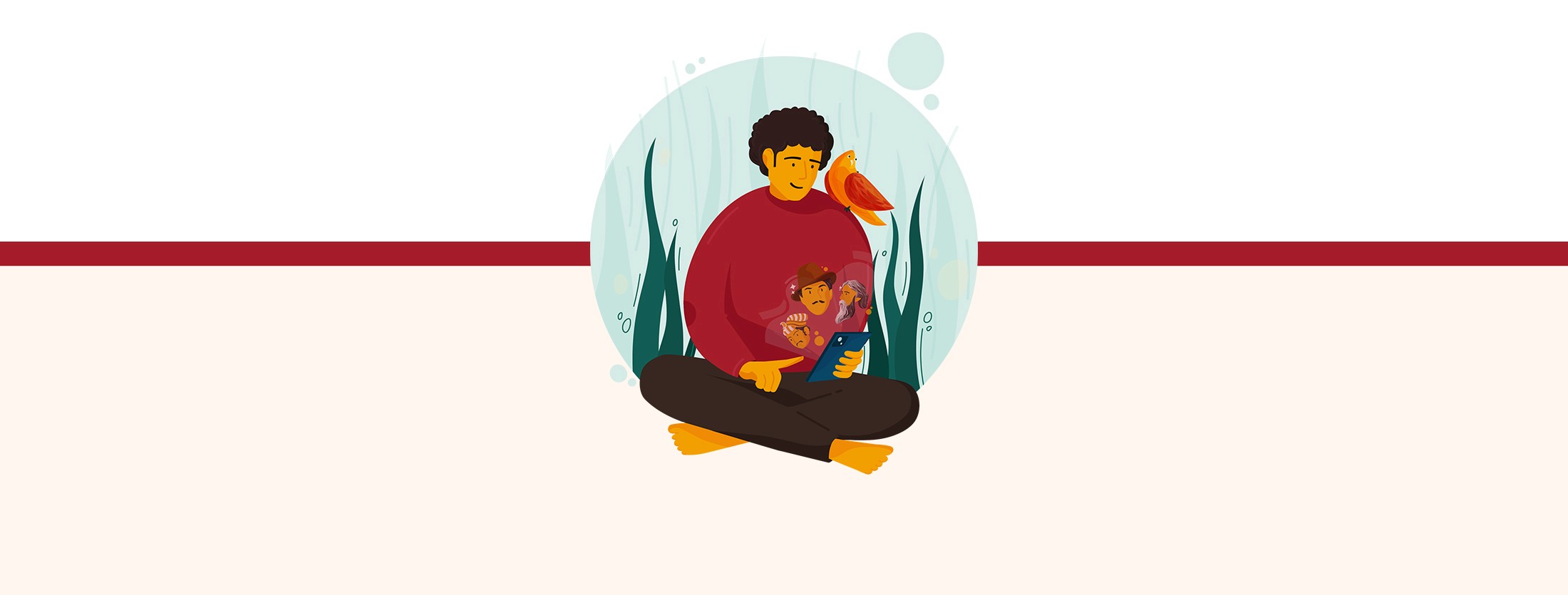 ThisDay website banner illustration of a boy reading a phone with a parrot, in a circle