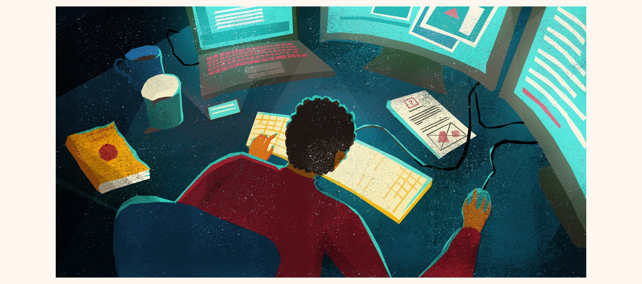 Illustration of a person at a glowing computer surrounded by books and screens, researching history