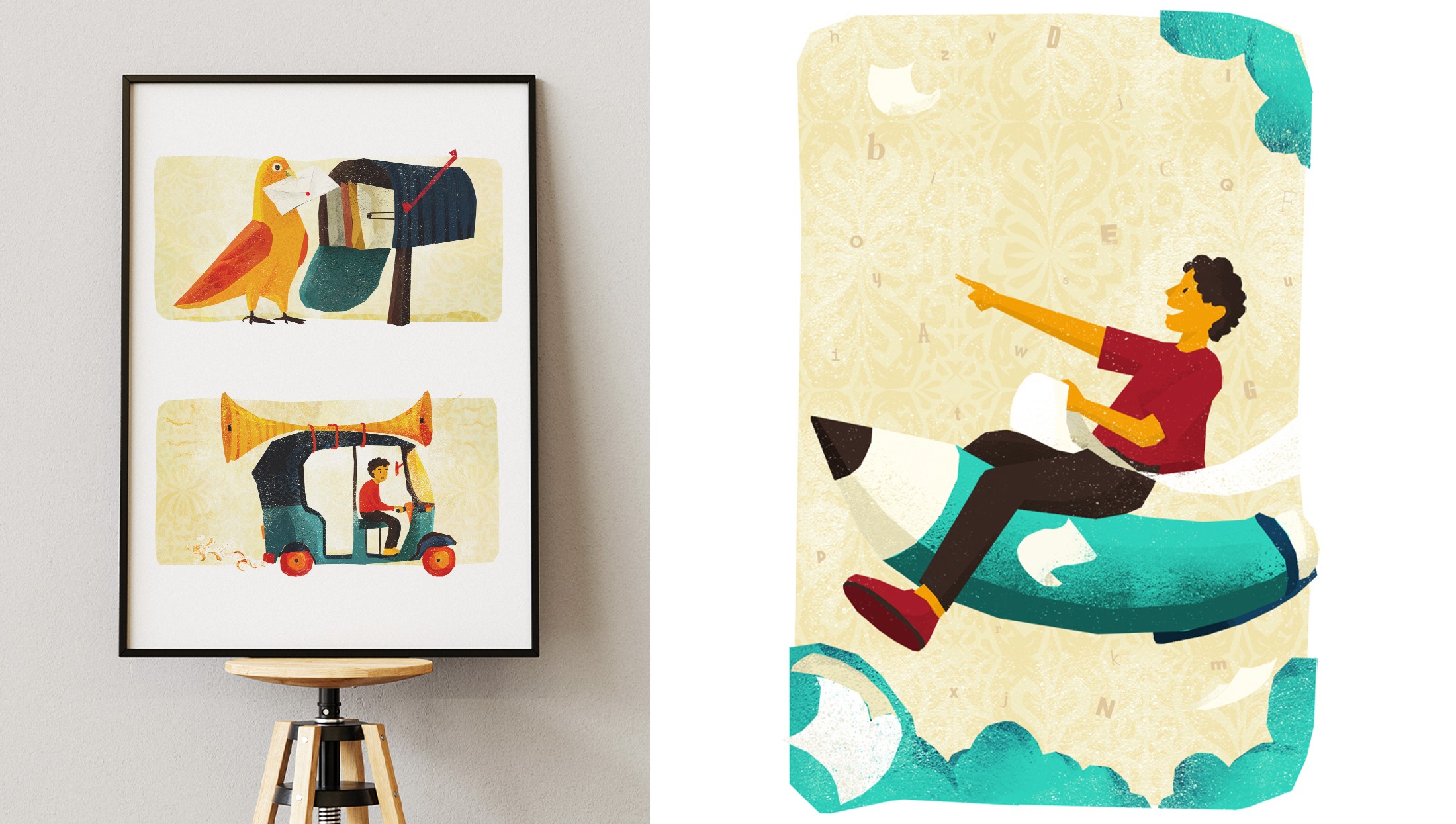 Framed ThisDay illustrations of a bird with a mailbox and an autorickshaw, beside a boy riding a teal wave