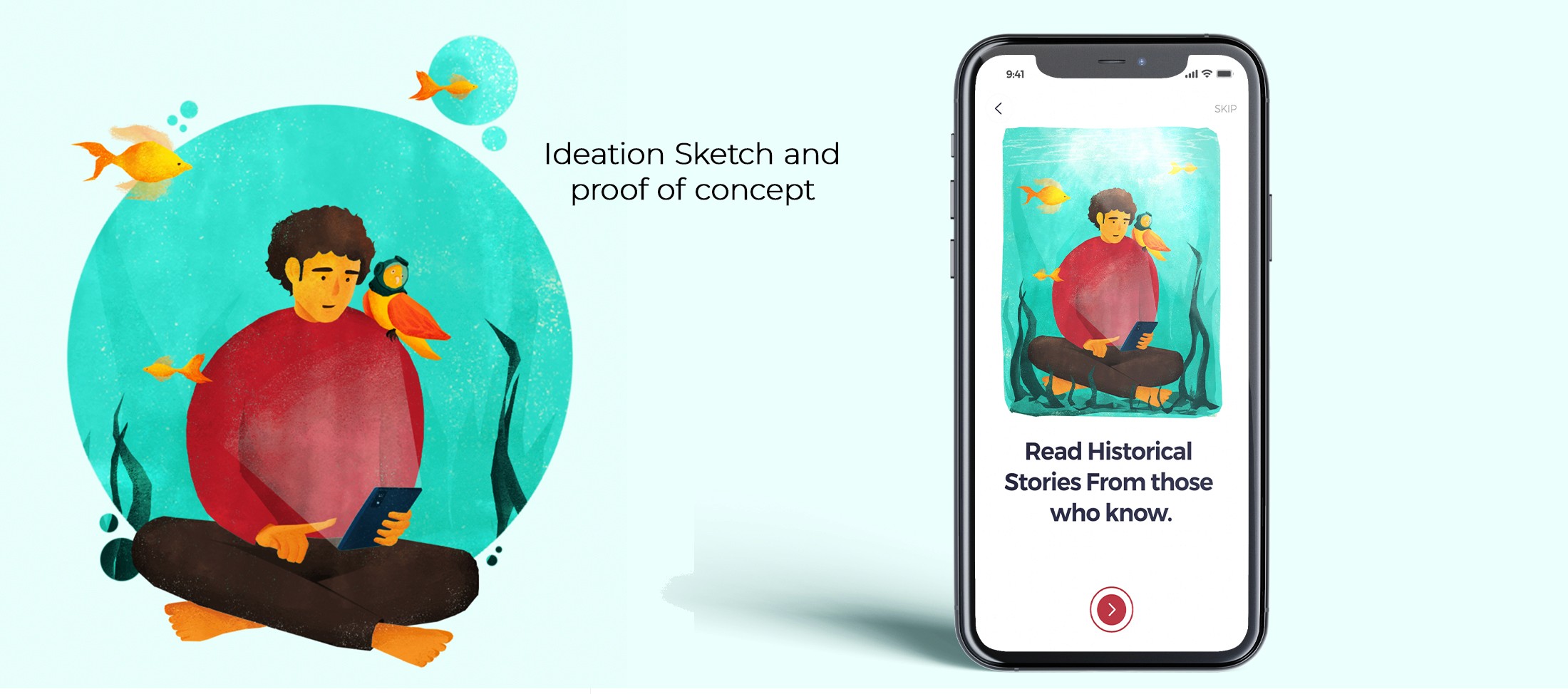 Ideation sketch and proof of concept for the ThisDay app: a boy reading historical stories on his phone