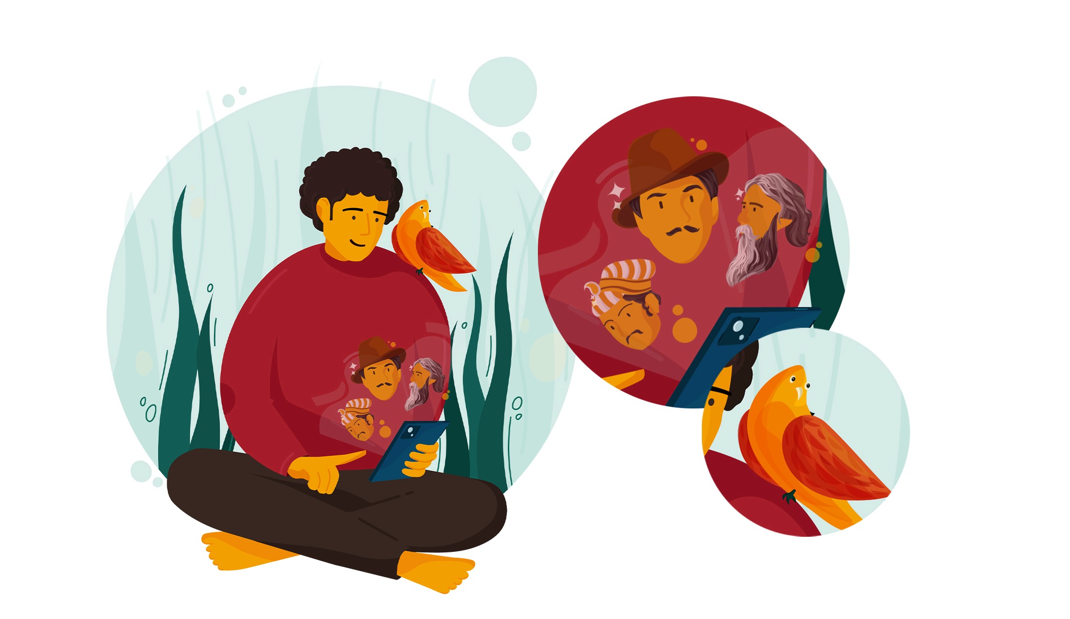 ThisDay app illustration of a boy reading with a parrot, with bubbles of historical figures