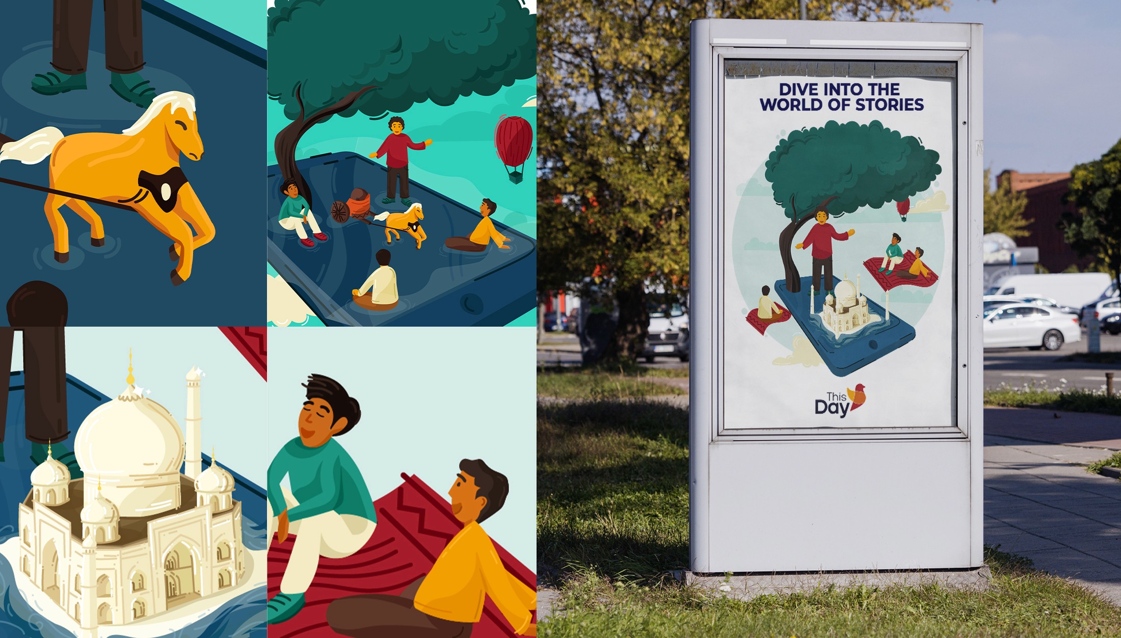 ThisDay Dive into the World of Stories campaign illustrations with the Taj Mahal, shown on a street poster