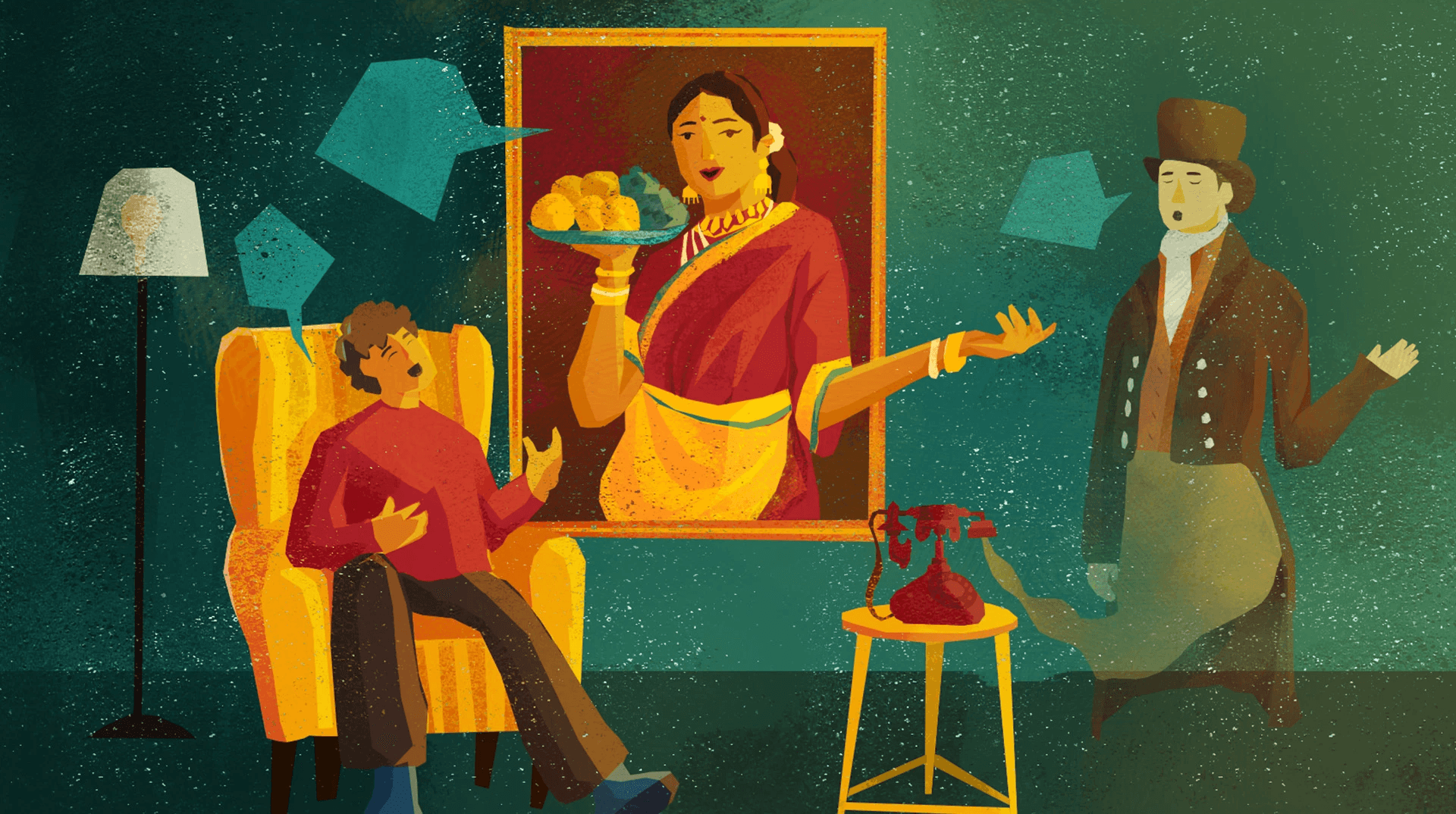 ThisDay brand illustration of a boy in an armchair as historical figures step out of a painting, by Riya Kumari, Gowri Suresh and Dishani Goswami