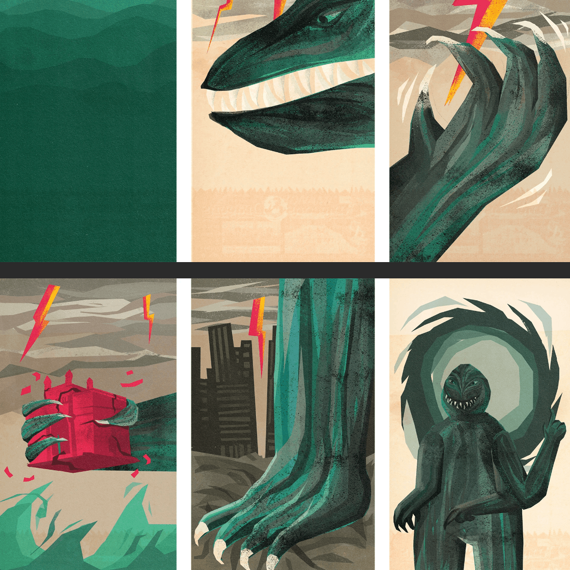 Comic-style animation frames of the green kaiju Gogola rampaging through Mumbai