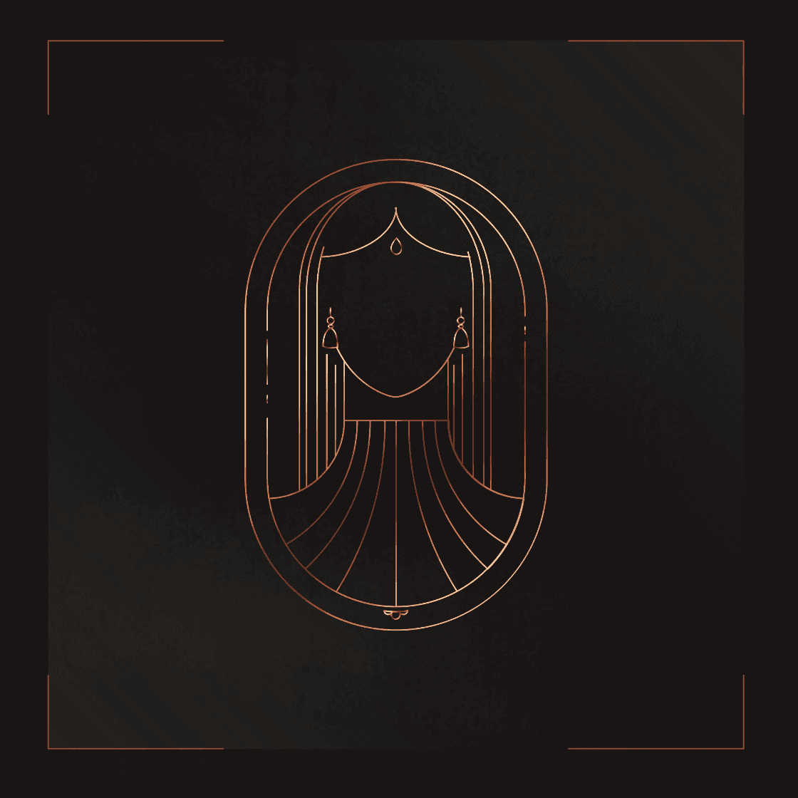 Copper line-art emblem of a woman framed in an arch on a black background, from a brand identity project