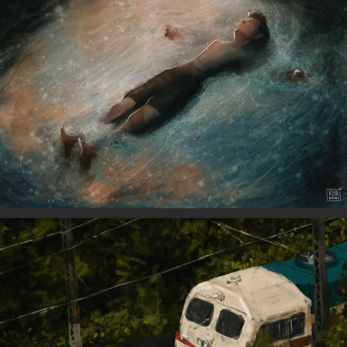 Painting of a figure floating in dark water above a train in the rain