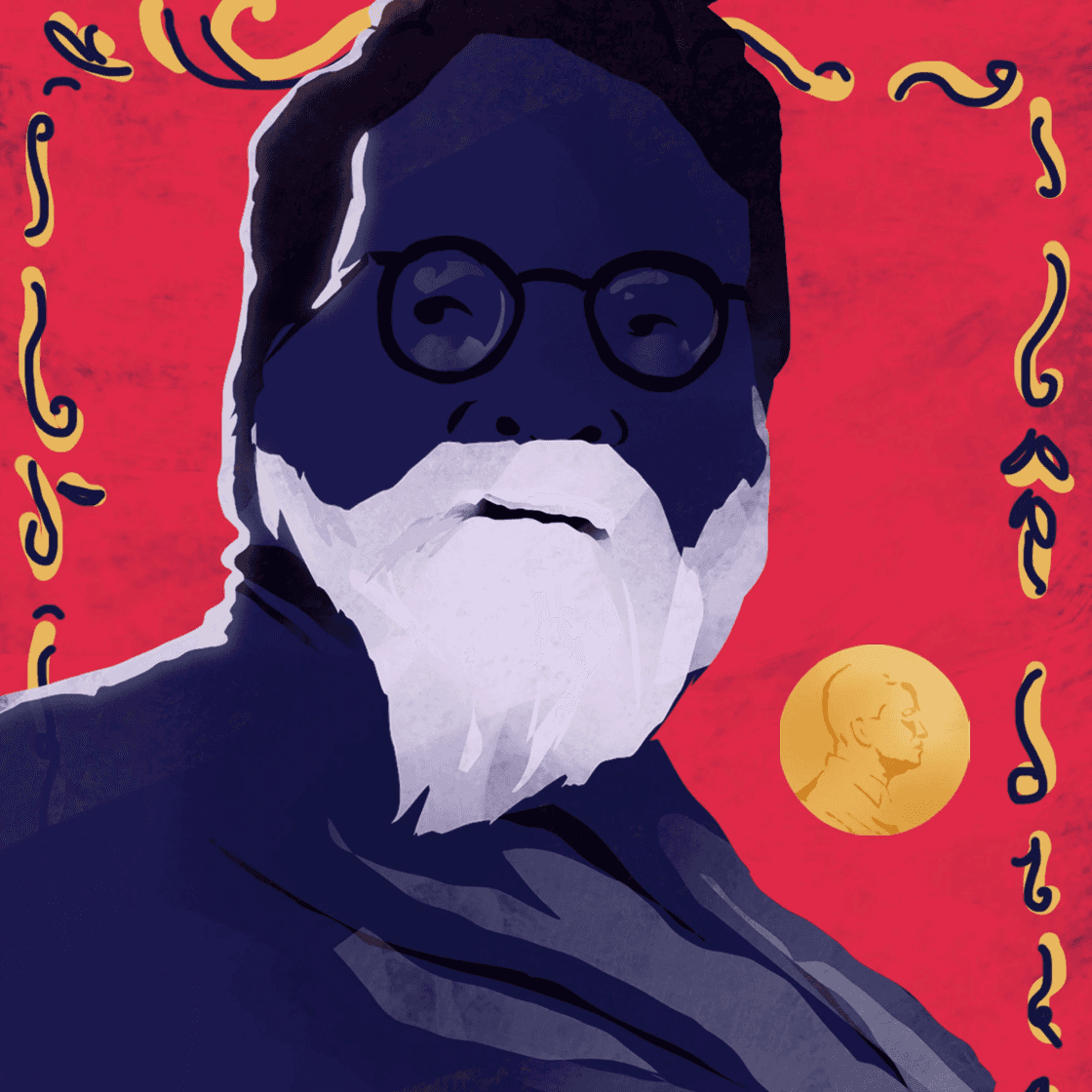 Editorial portrait illustration of Vinoba Bhave with a white beard and round glasses on a red patterned background