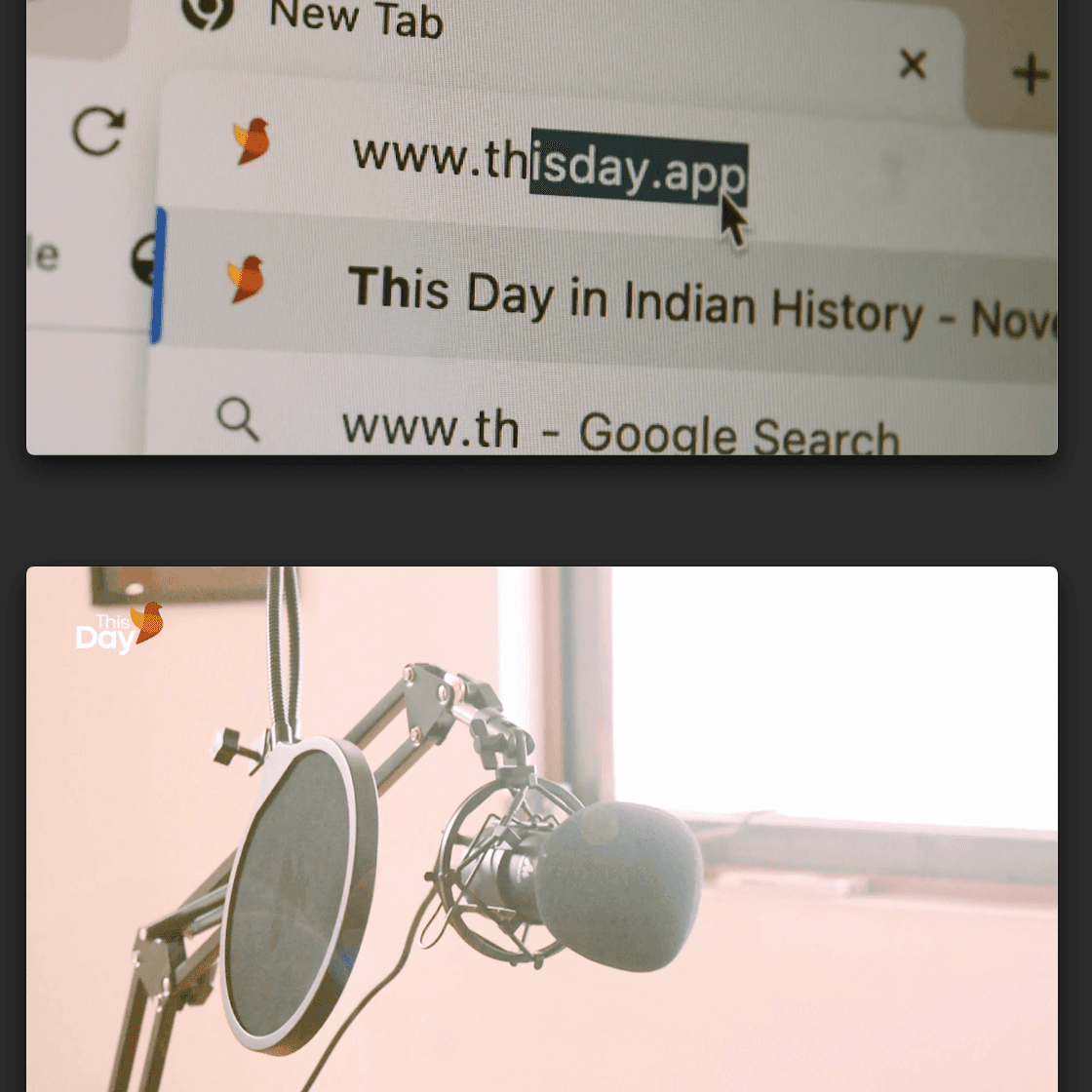 The ThisDay website open in a browser tab above a podcast microphone